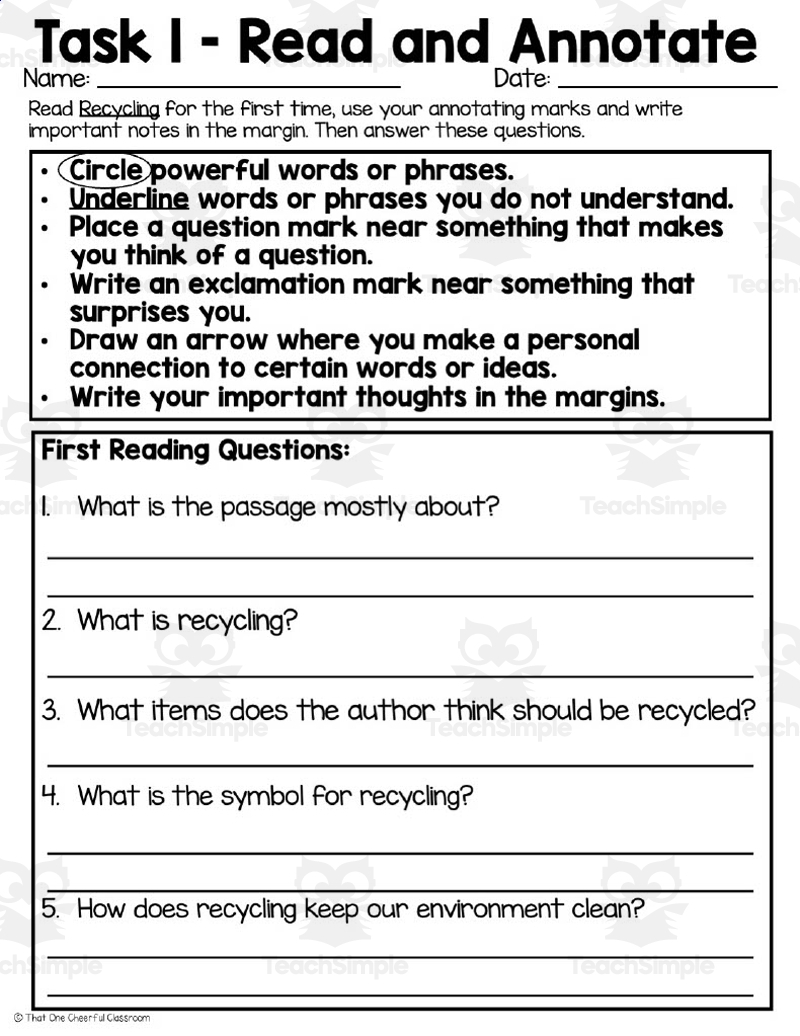 Close Reading Comprehension Worksheets