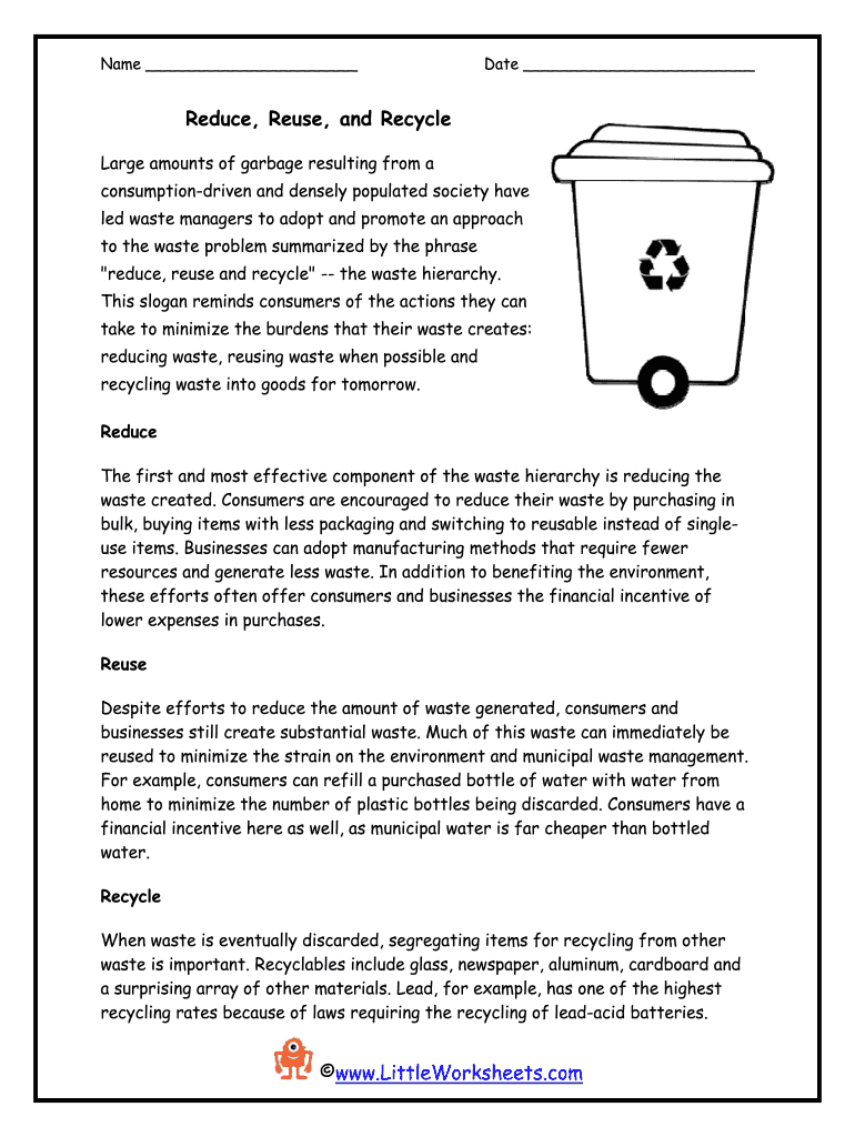 Garbage Reading Comprehension Worksheet