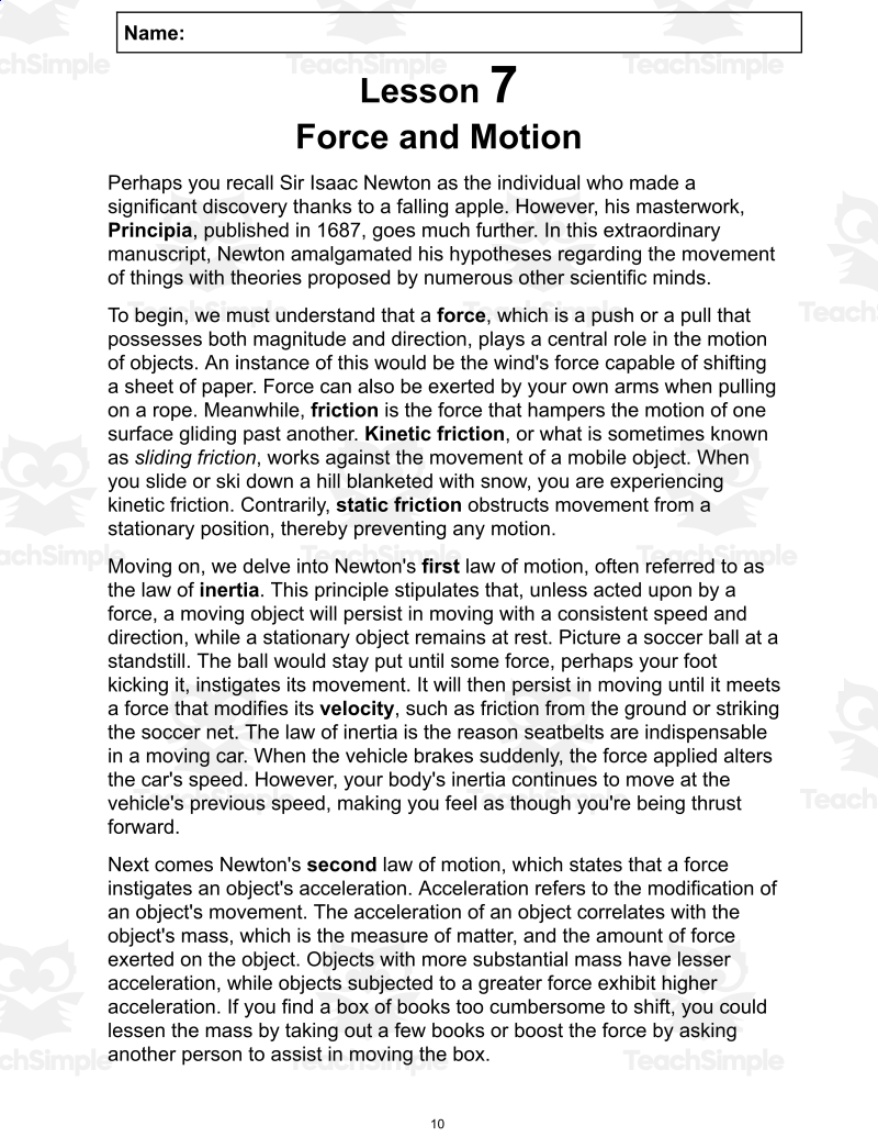 Science Reading Passage 7 Force And Motion PDF By Teach Simple