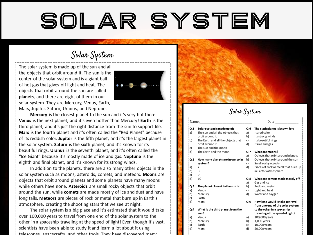 Solar System Reading Comprehension Passage And Questions PDF Teaching Resources