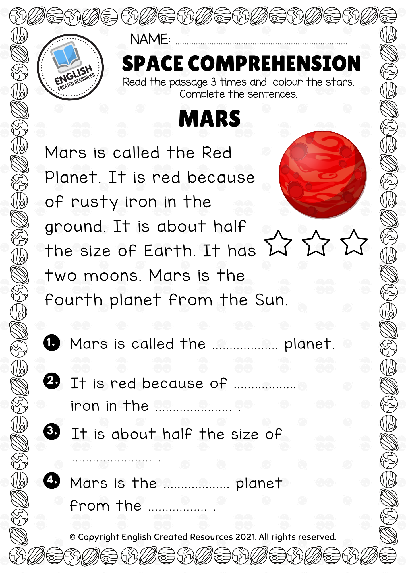 Space Reading Comprehension English Created Resources Space Reading Comprehension English Created Resources