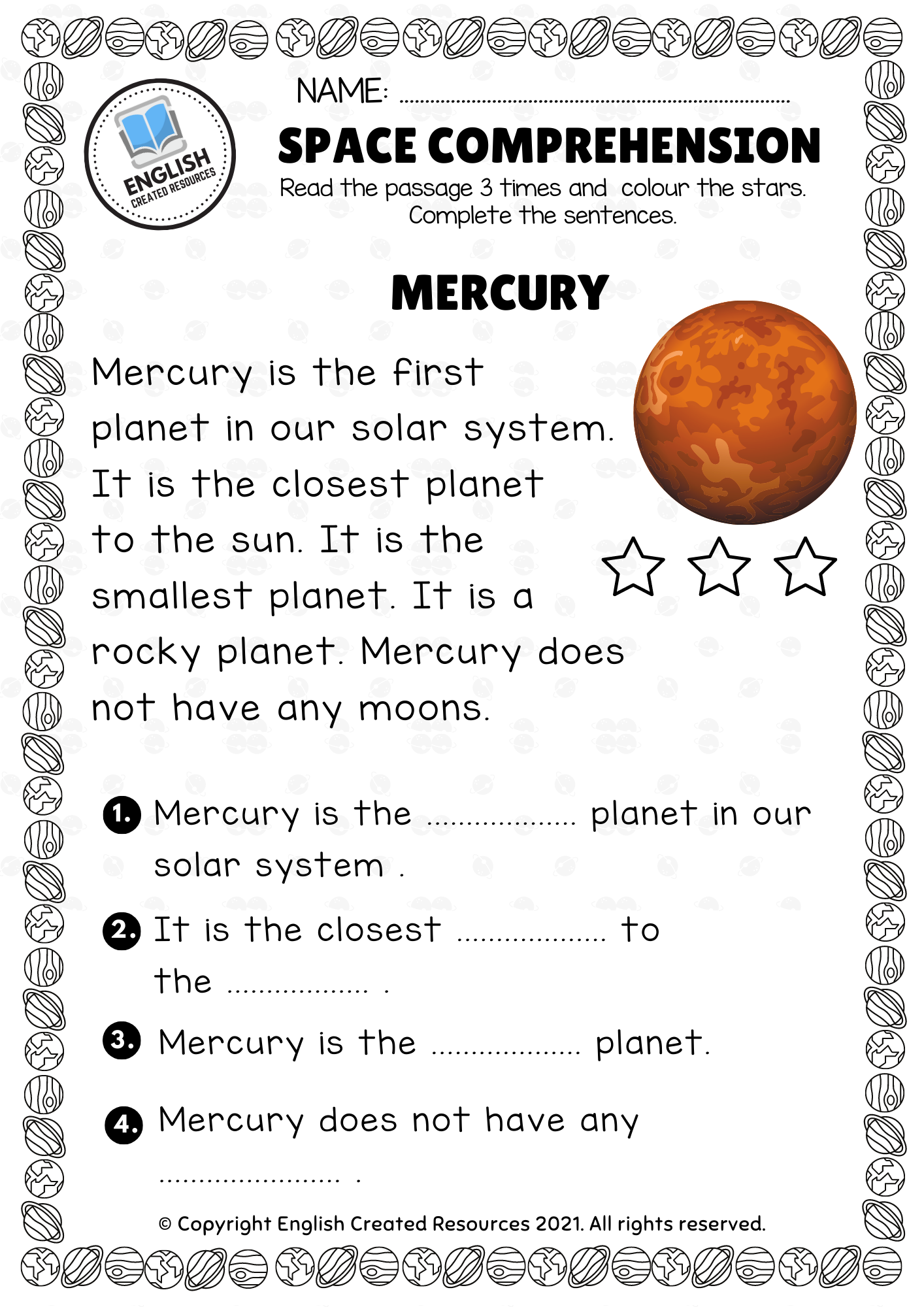 Esl Worksheets Solar System Reading Comprehension