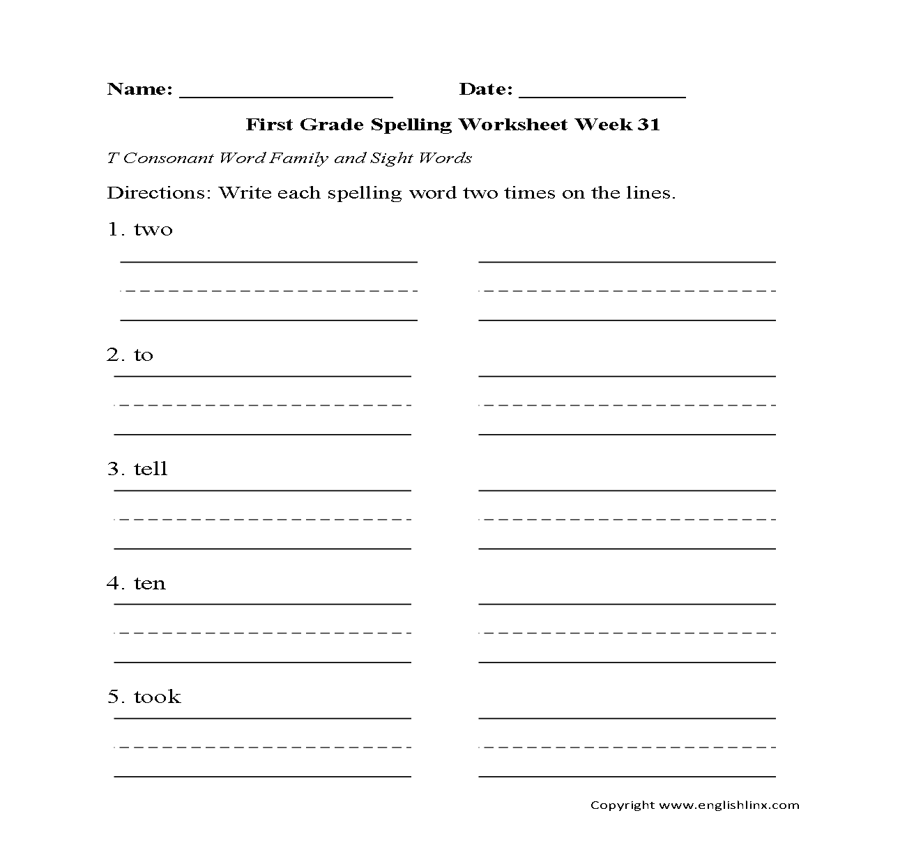 Free Printable 1St Grade Spelling Worksheets