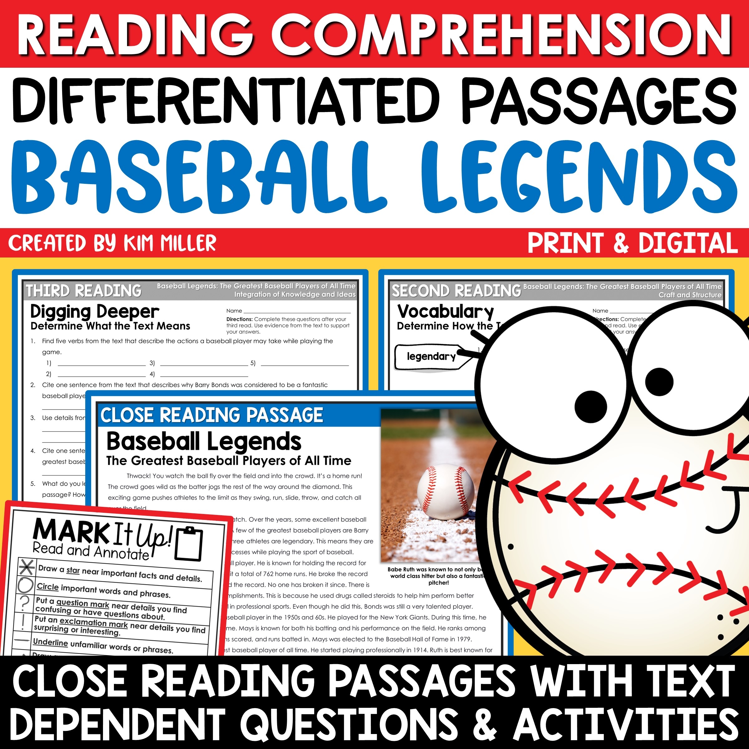Spring Baseball Close Reading Comprehension Passages Questions Differentiated A Love Of Teaching Kim Miller