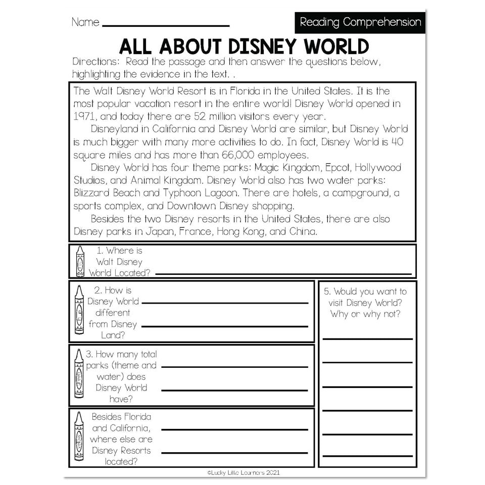 Summer Early Finishers 2nd Grade ELA Reading Comprehension All About Disney World Lucky Little Learners