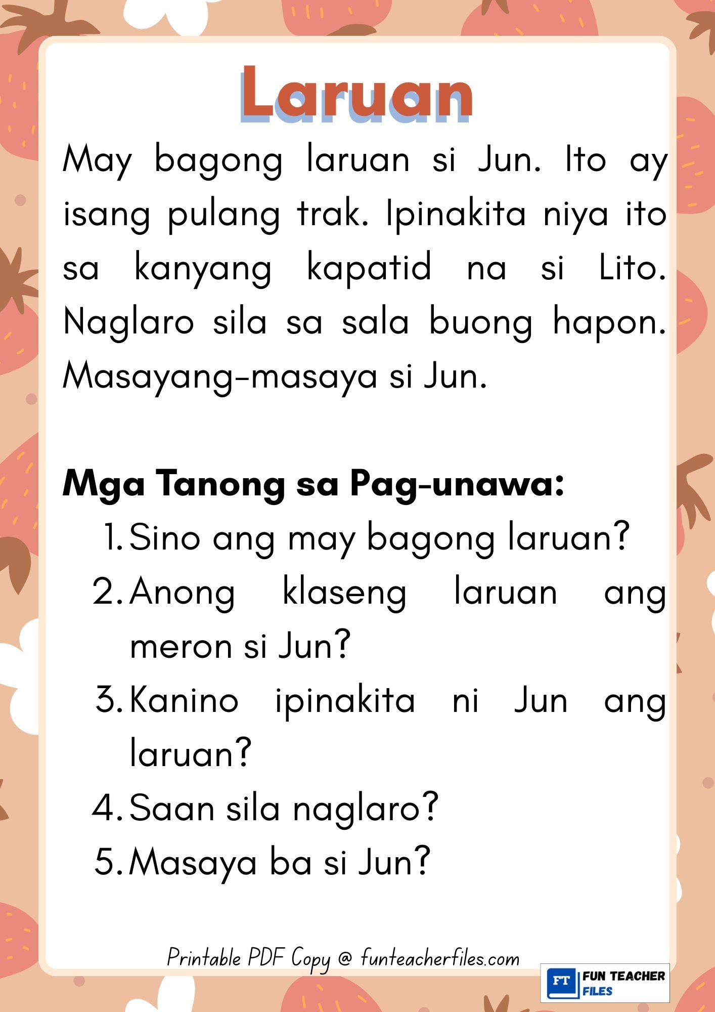 Filipino Reading Comprehension Worksheets For Kindergarten