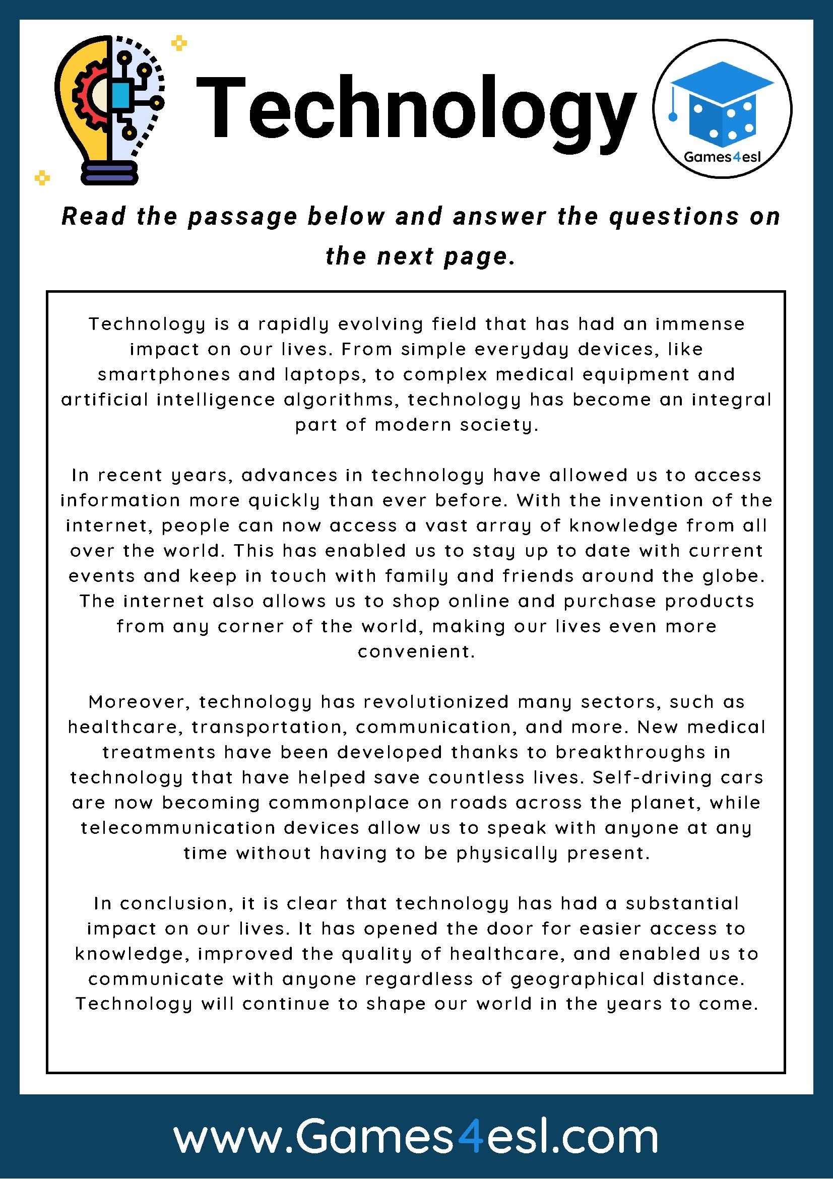 Technology Reading Comprehension Worksheet Games4esl