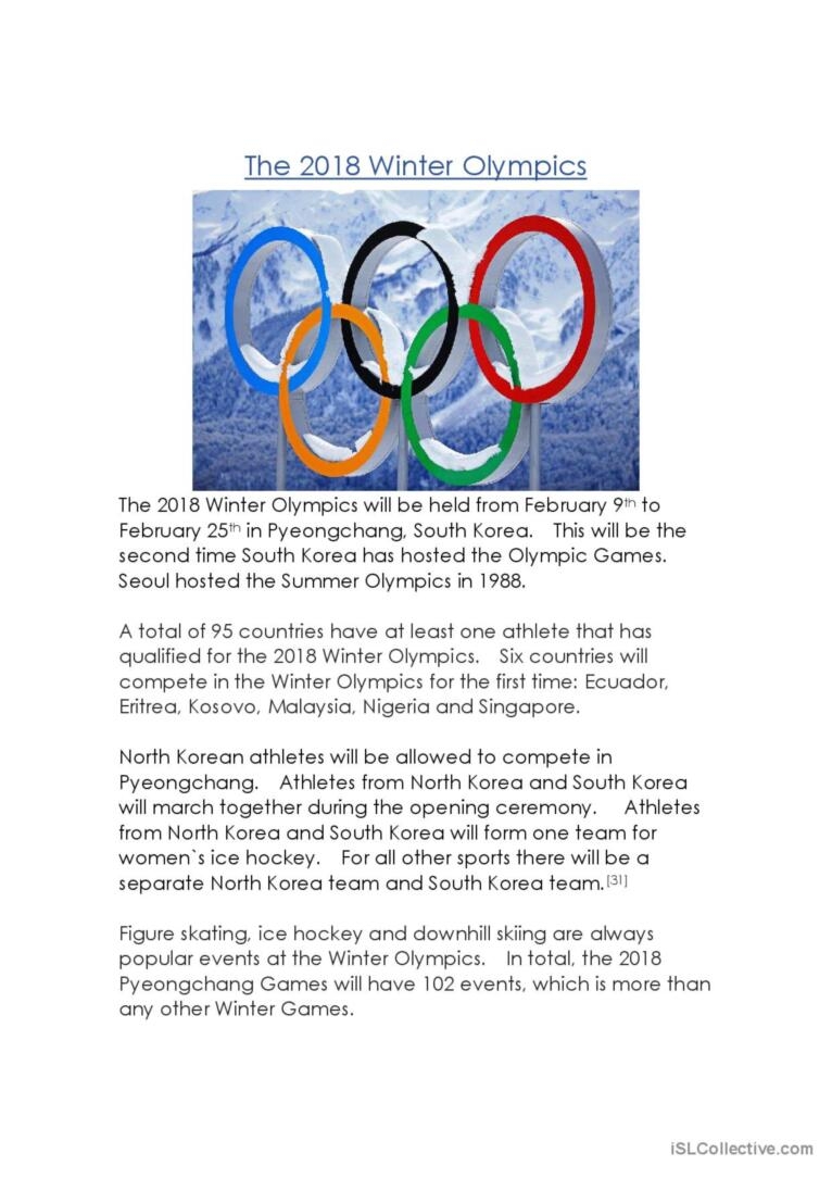 The 2018 Winter Olympics Reading For English ESL Worksheets Pdf Doc