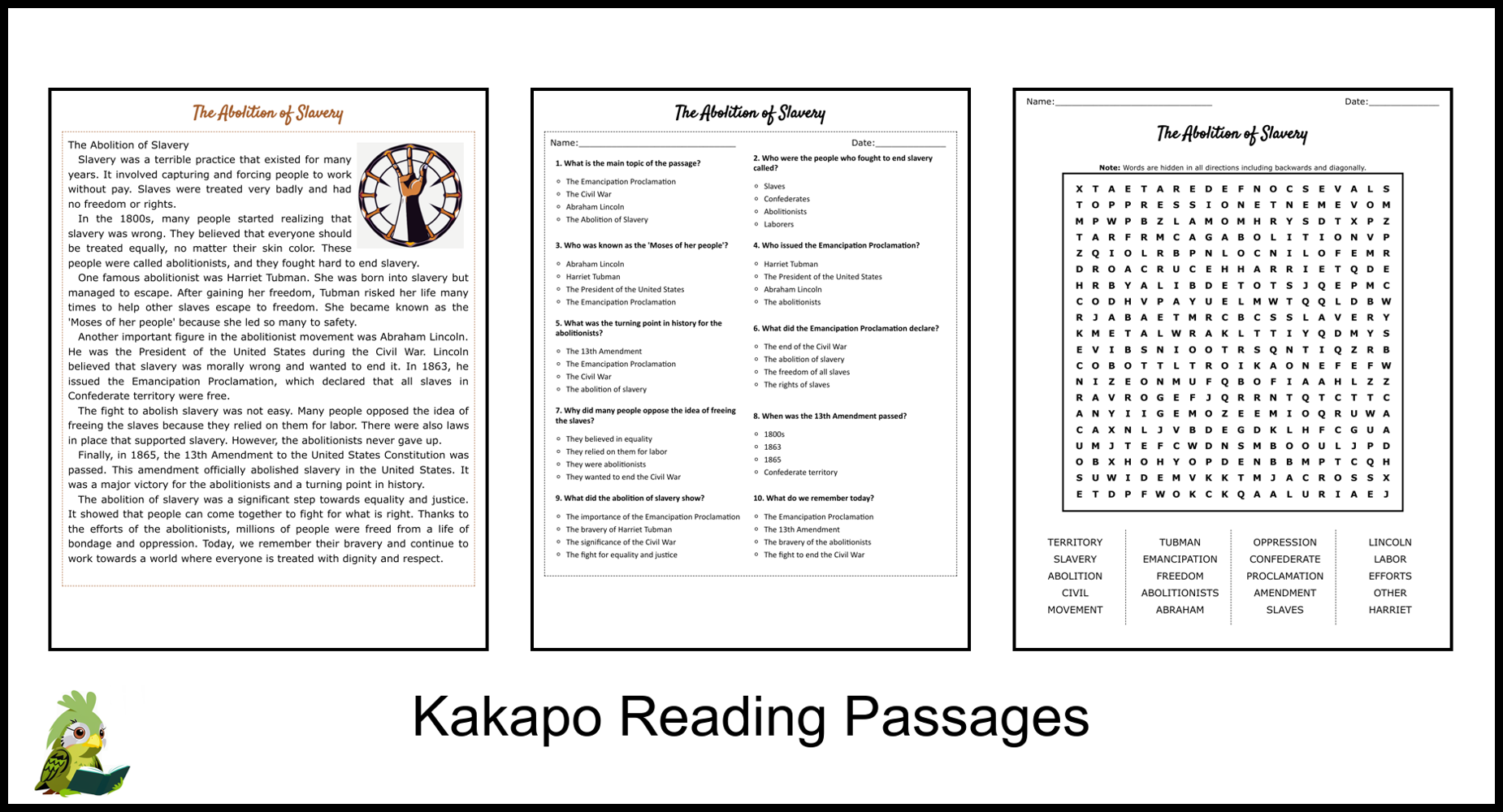 The Abolition Of Slavery Reading Comprehension And Word Search Teaching Resources