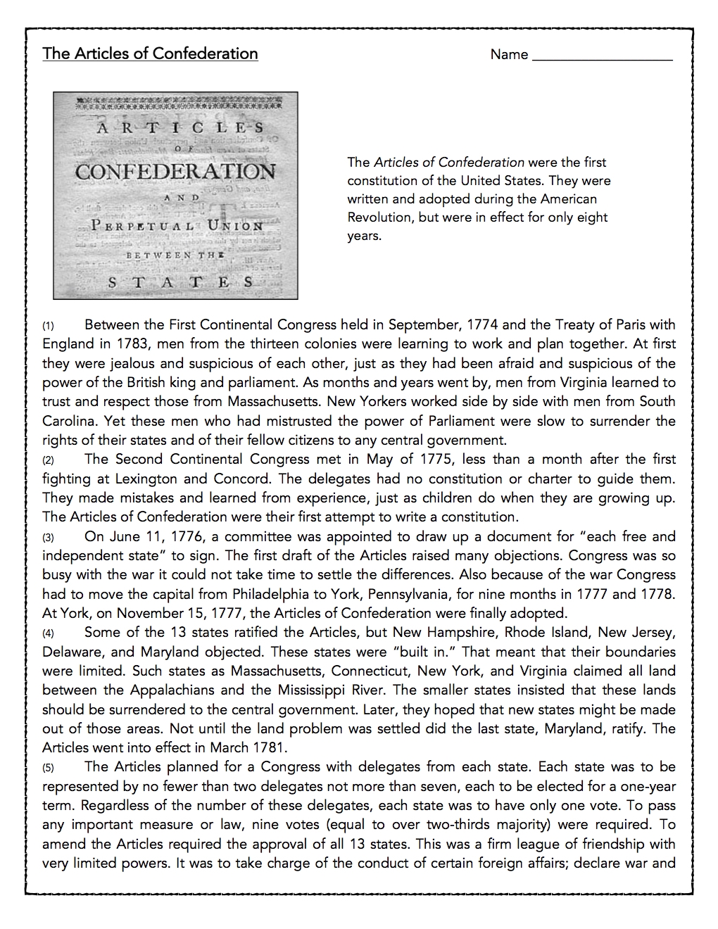 The Articles Of Confederation Reading Comprehension Passage And Assessment Classful