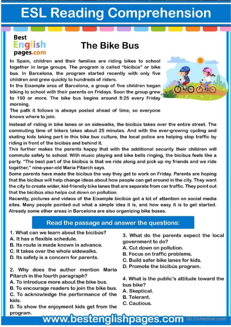 Free Esl Reading Comprehension Worksheets Pdf