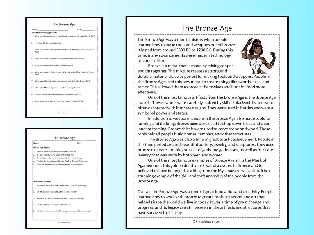 The Bronze Age Reading Comprehension Passage Printable Worksheet Teaching Resources