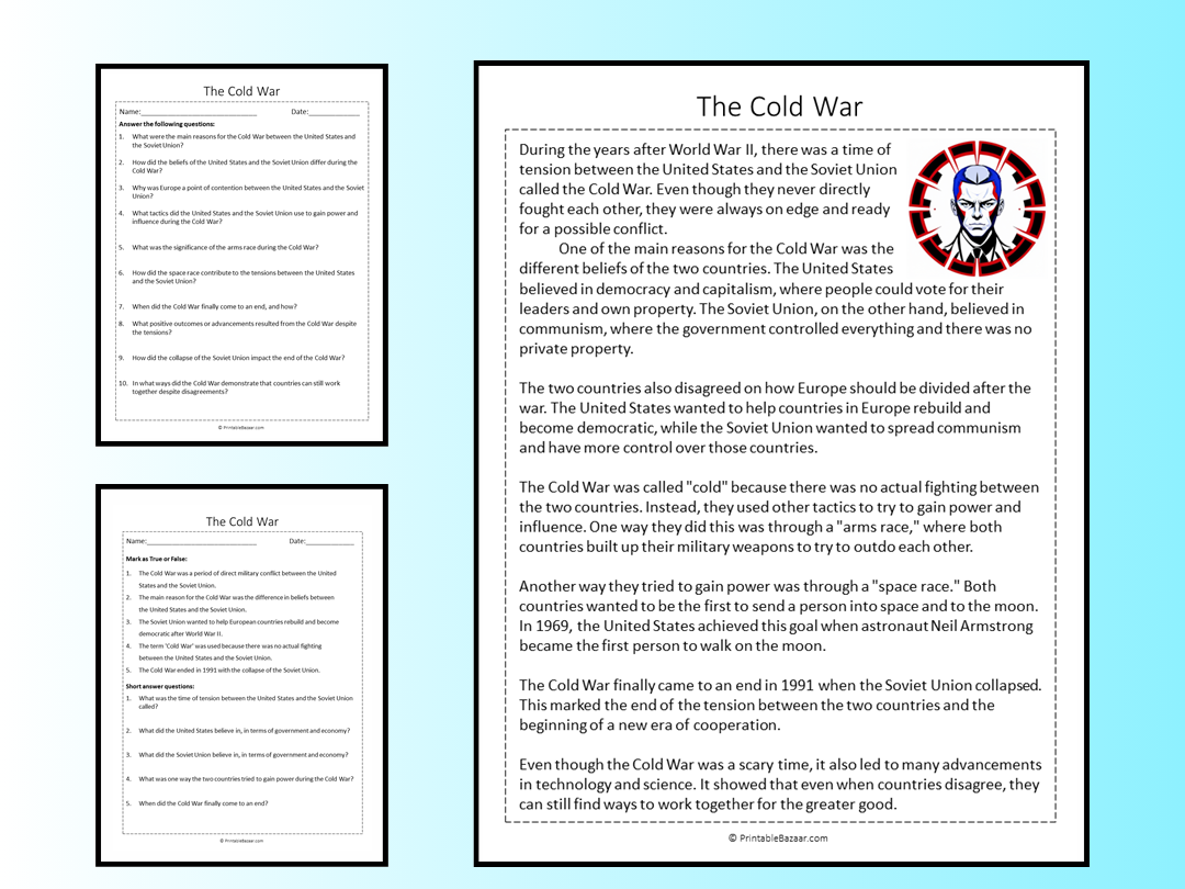 The Cold War Reading Comprehension Passage Printable Worksheet Teaching Resources