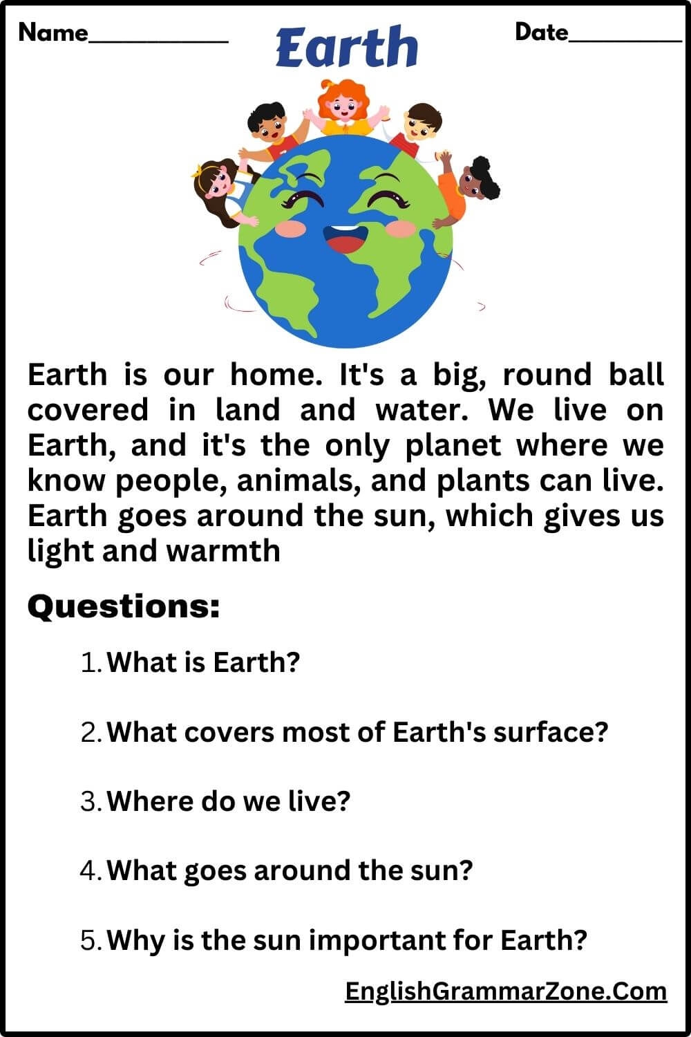 The Earth Reading Comprehension Worksheet
