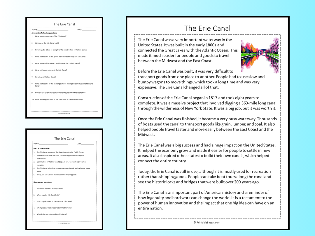 The Erie Canal Reading Comprehension Passage Printable Worksheet Teaching Resources