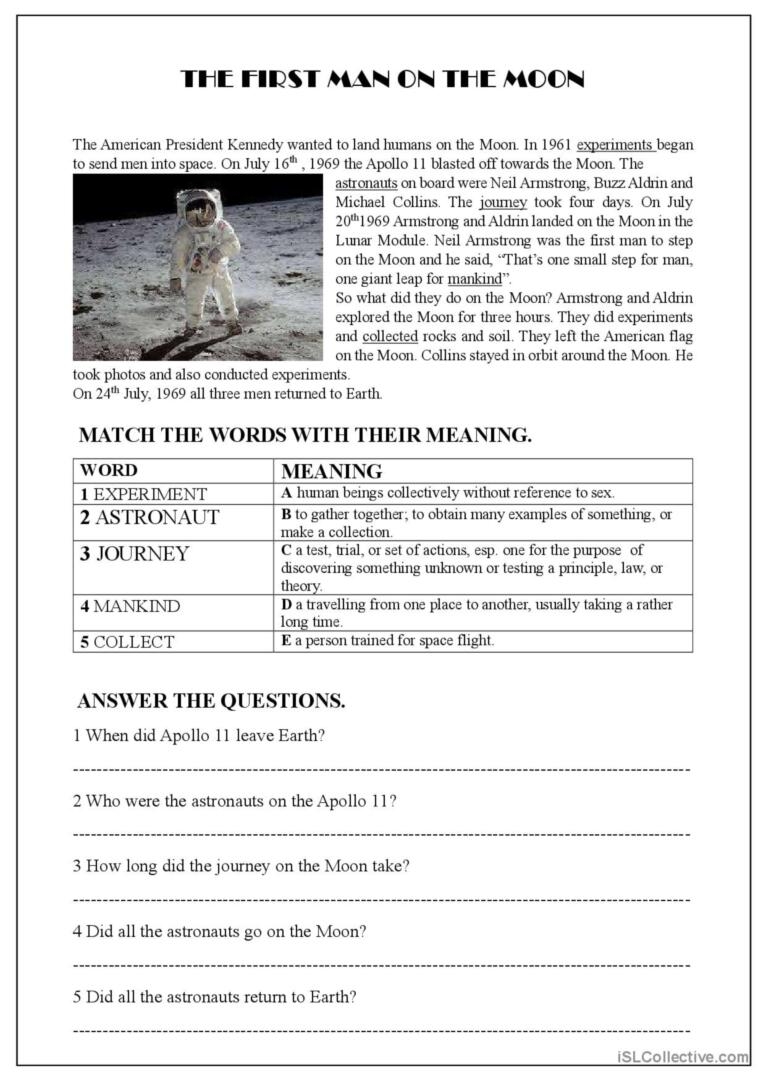 Esl Worksheets Moon Landing Reading Comprehension
