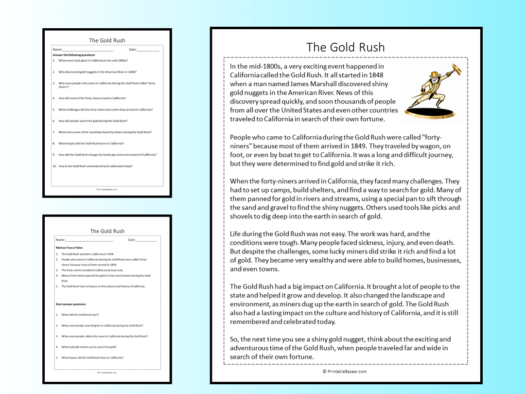 The Gold Rush Reading Comprehension Passage Printable Worksheet Teaching Resources