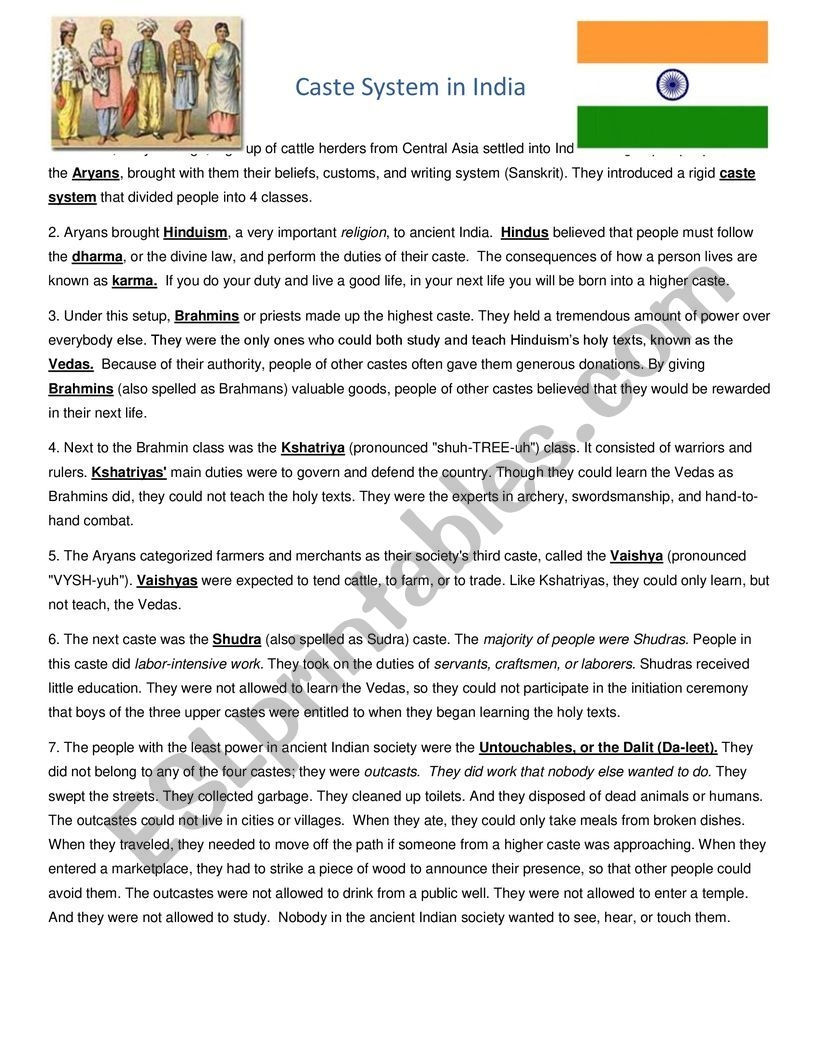 The Indian Caste System ESL Worksheet By Moukhraine