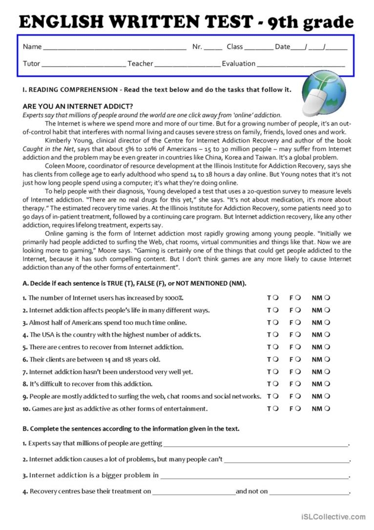The Internet Test 9th Grade English ESL Worksheets Pdf Doc