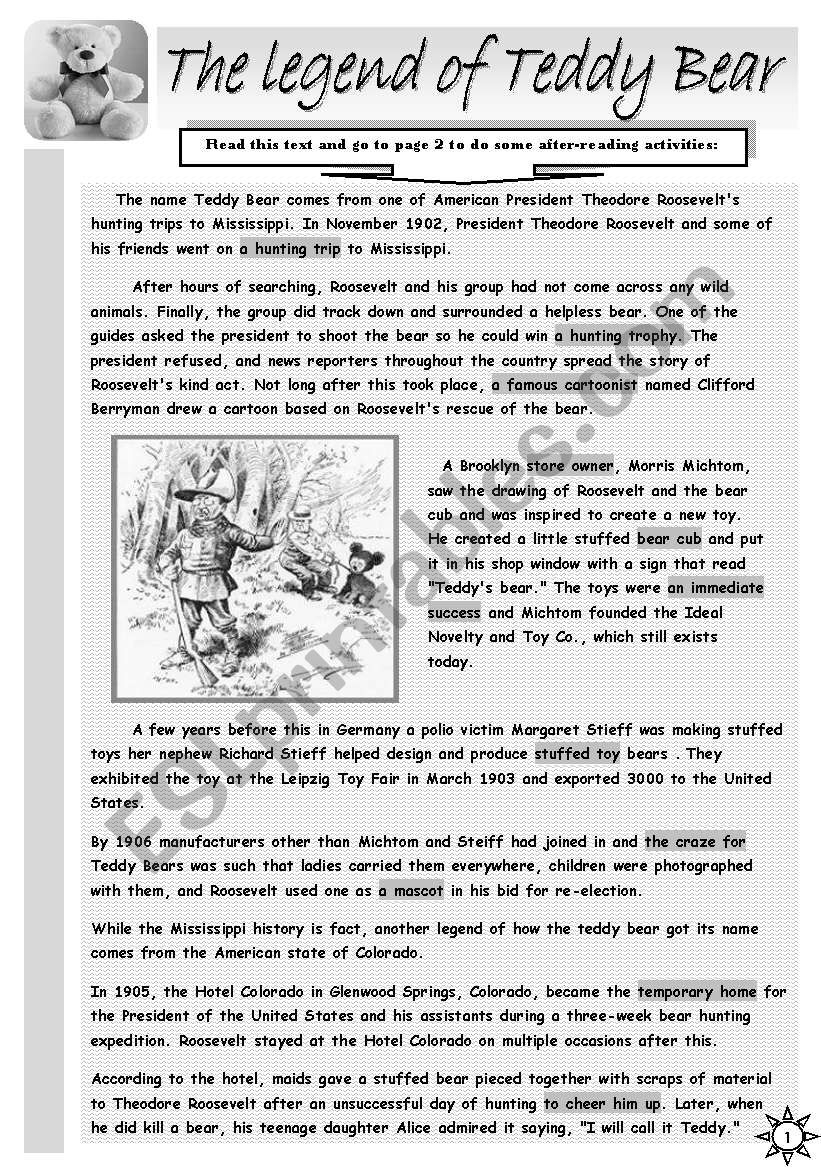 THE LEGEND OF TEDDY BEAR READING COMPREHENSION 2 Pages 2 Pages Of B W Version ESL Worksheet By Svetamarik Svetlana