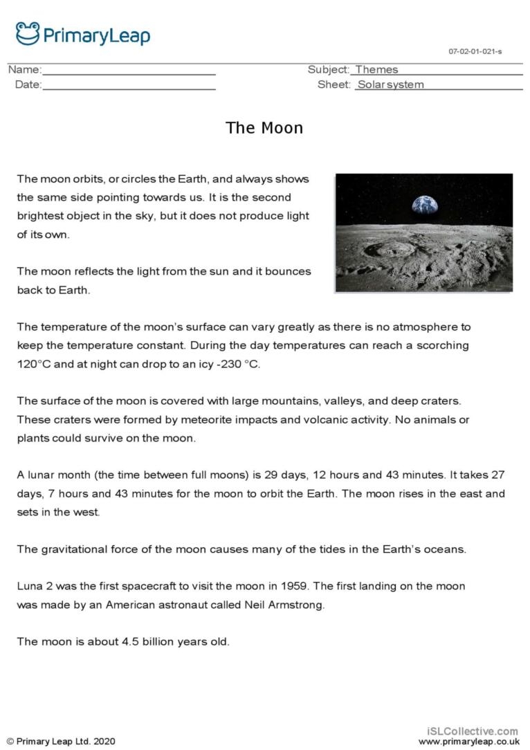 The Moon Reading Comprehension Creat English ESL Worksheets Pdf Doc
