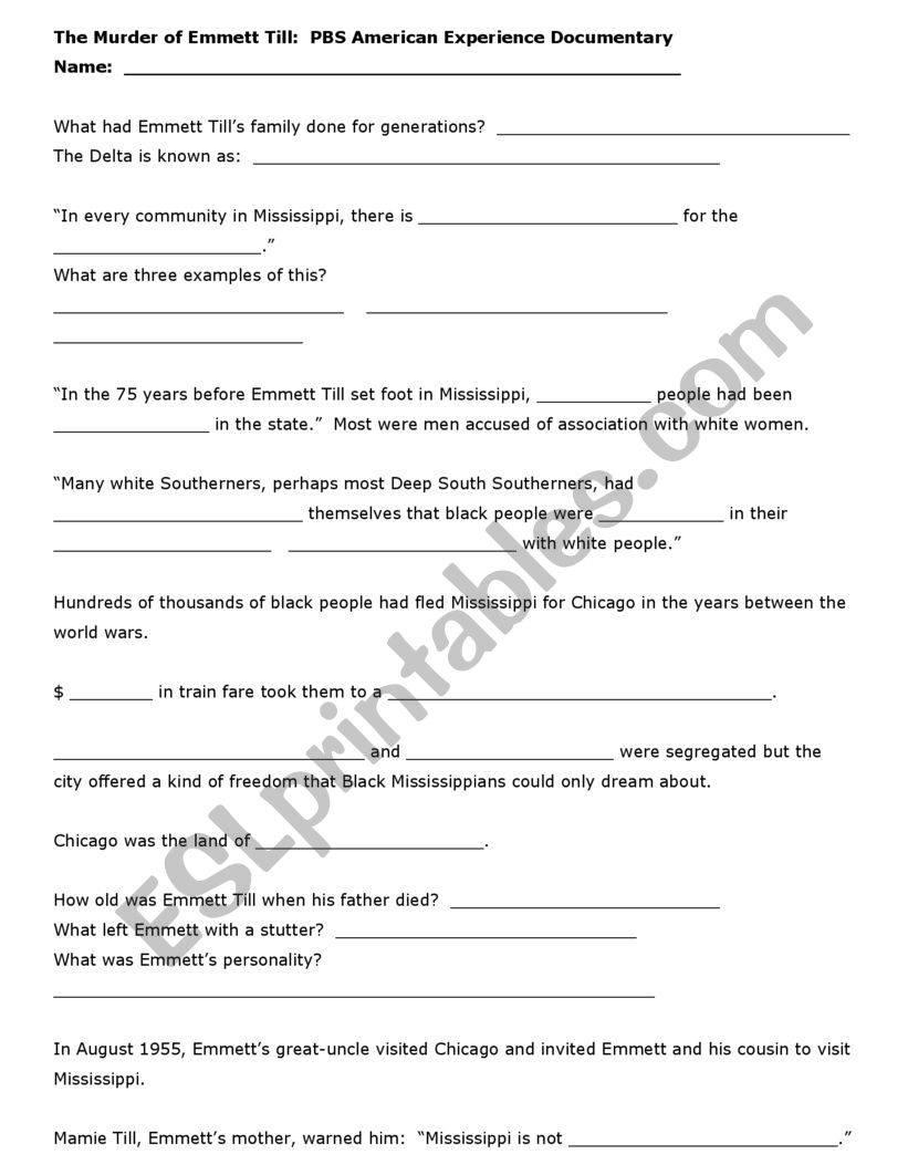 The Murder Of Emmett Till PBS American Experience Worksheet ESL Worksheet By Jenfensta