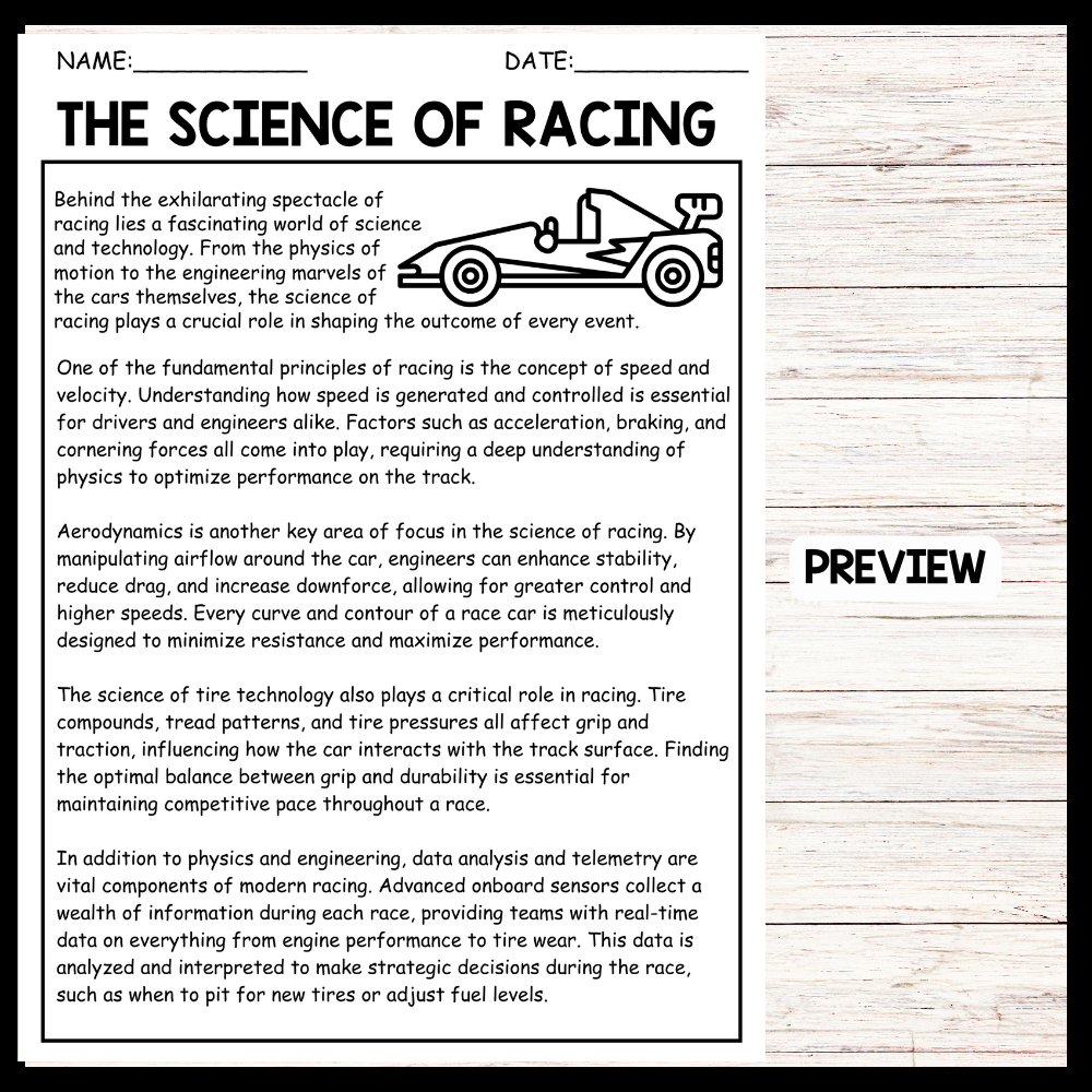 THE SCIENCE OF RACING FORMULA ONE CARS Reading Comprehension Worksheets Made By Teachers