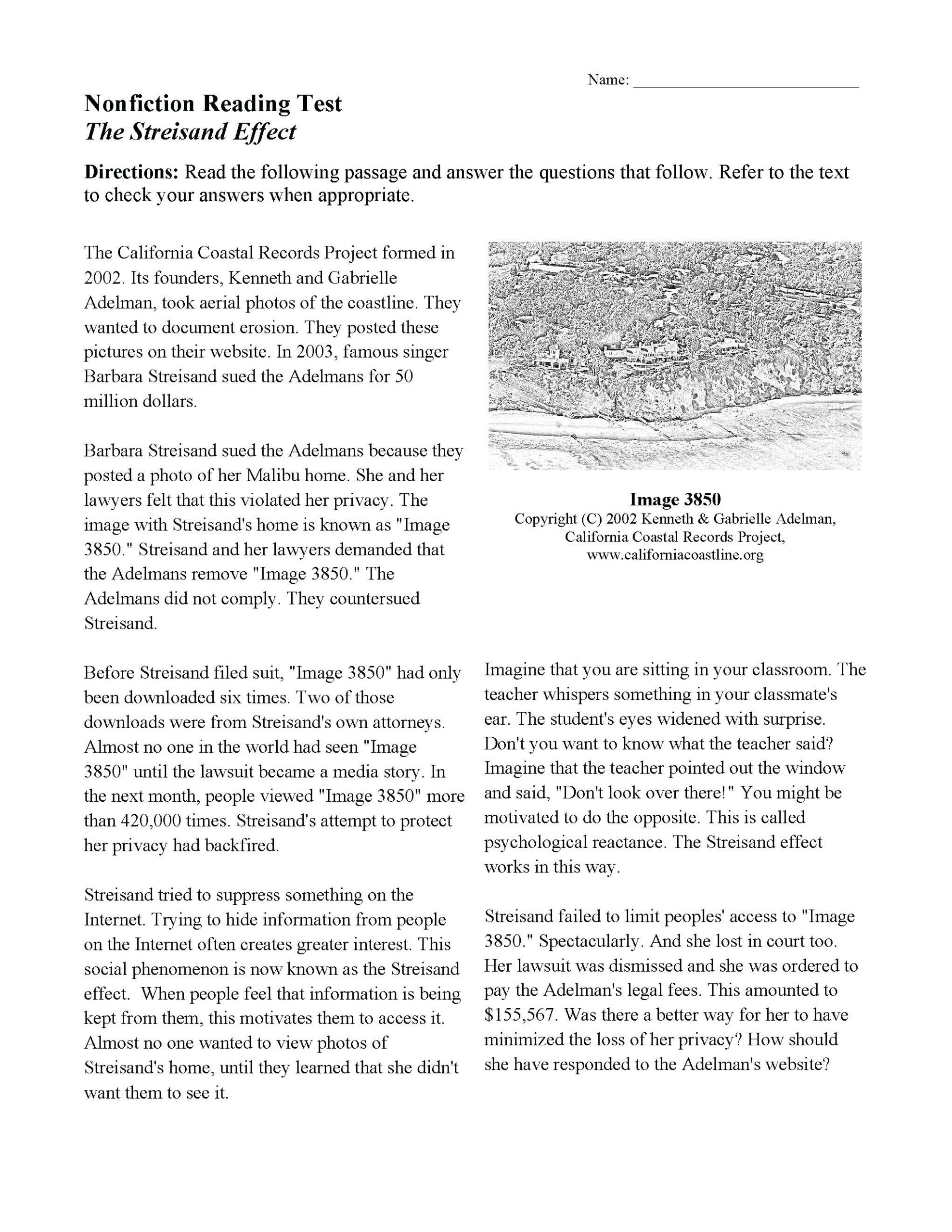 The Streisand Effect Nonfiction Reading Activity