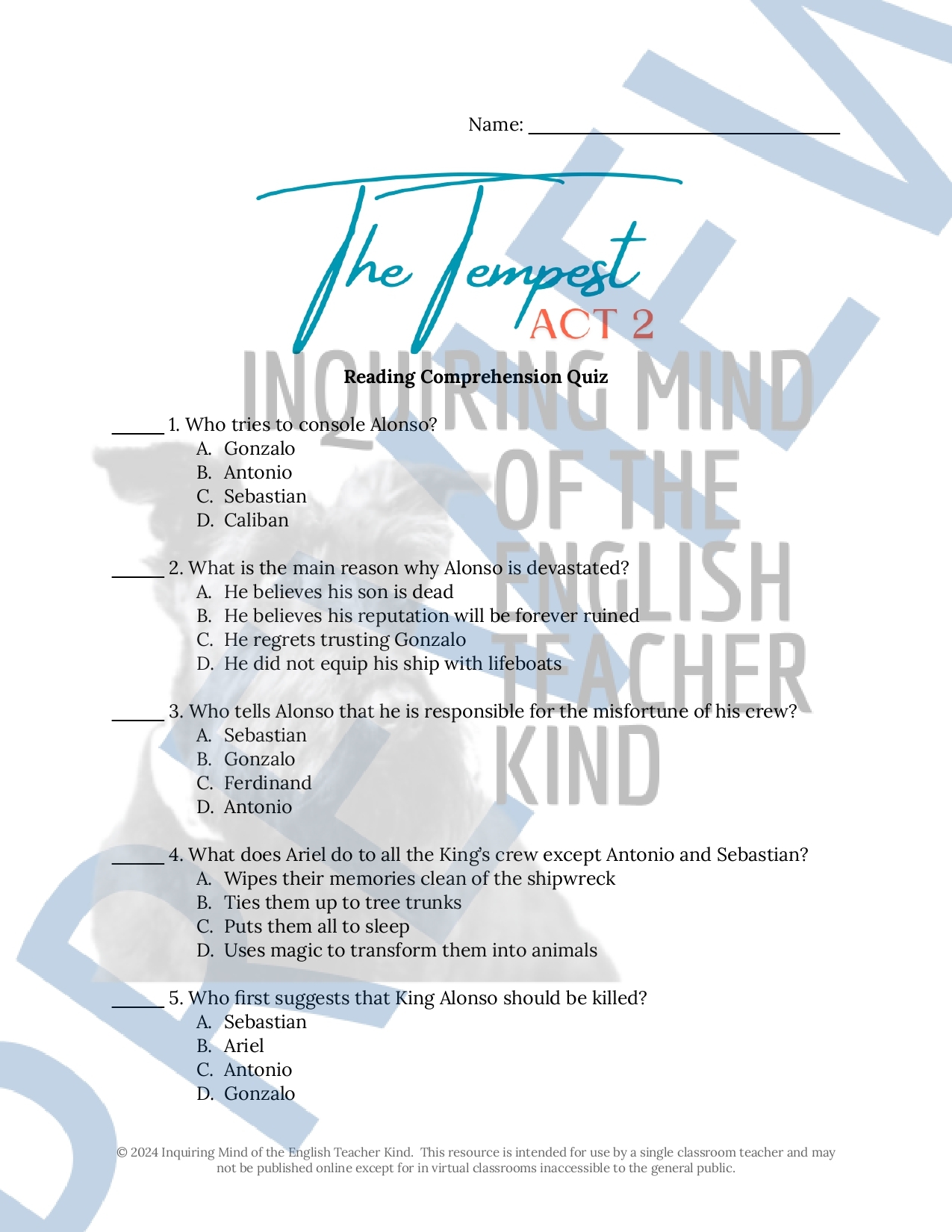 The Tempest Act 2 Quiz And Answer Key For High School Classful