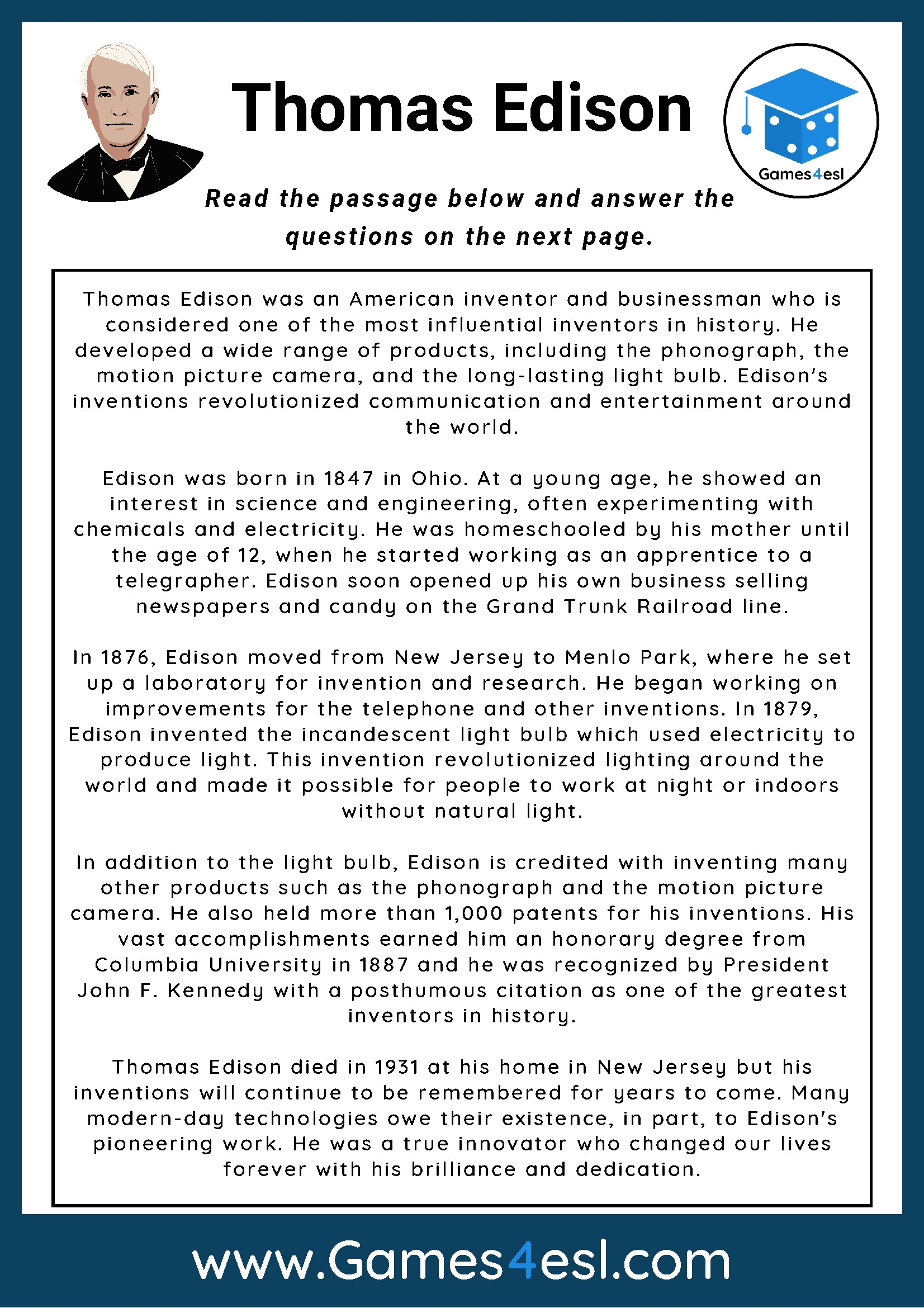 Thomas Edison Reading Comprehension Worksheet Games4esl Thomas Edison Reading Comprehension Worksheet Games4esl