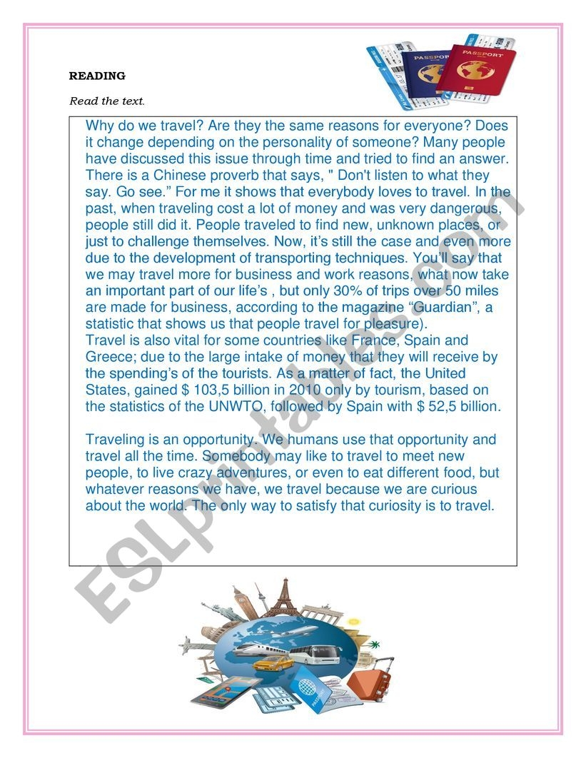 Esl Reading Comprehension Worksheets Travel