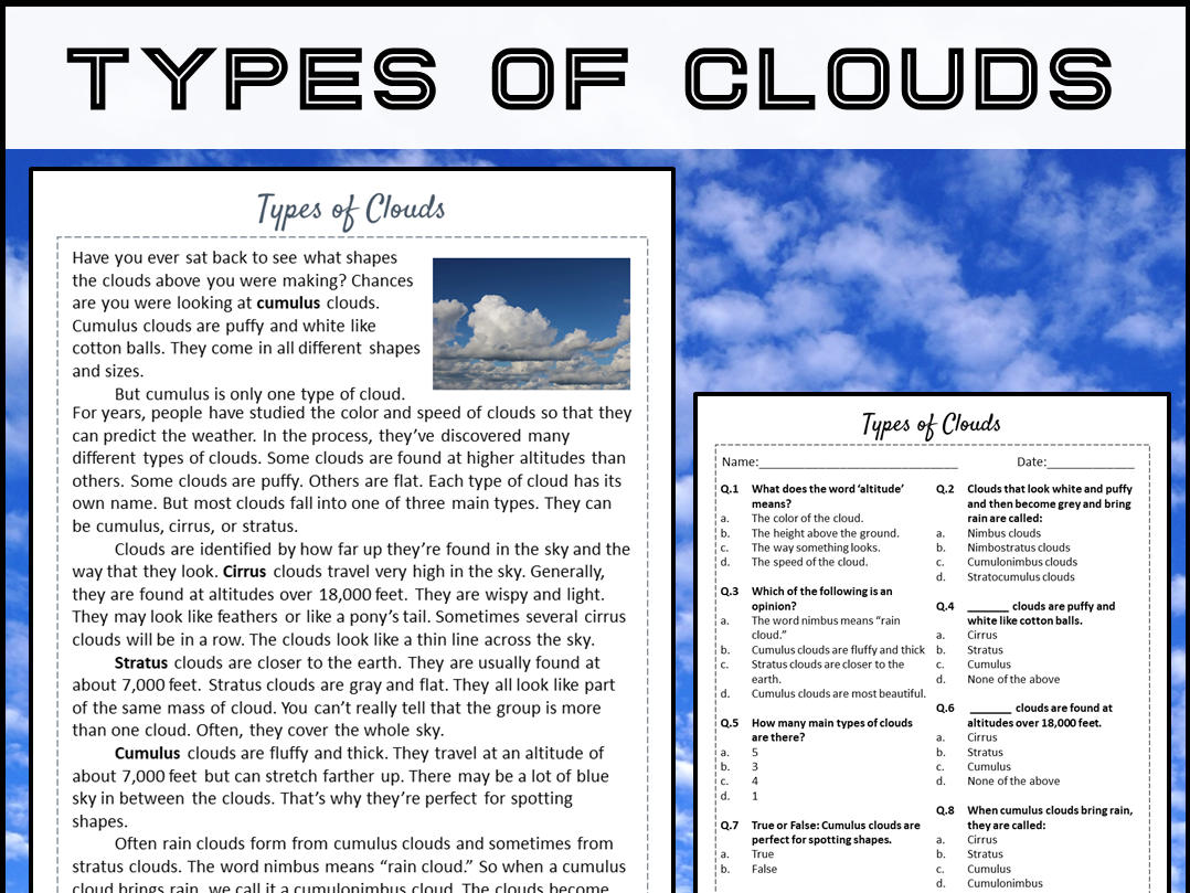 Types Of Clouds Reading Comprehension Passage And Questions PDF Teaching Resources