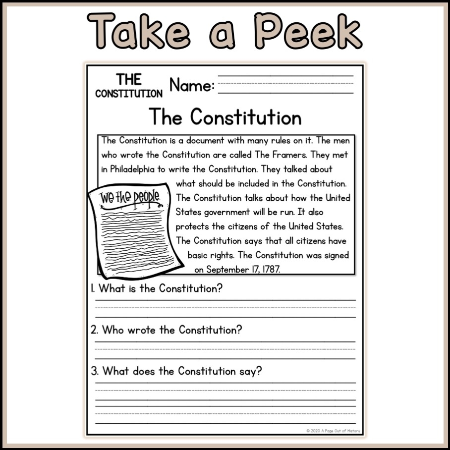 US Constitution Social Studies Reading Comprehension Passages K 2 Classful