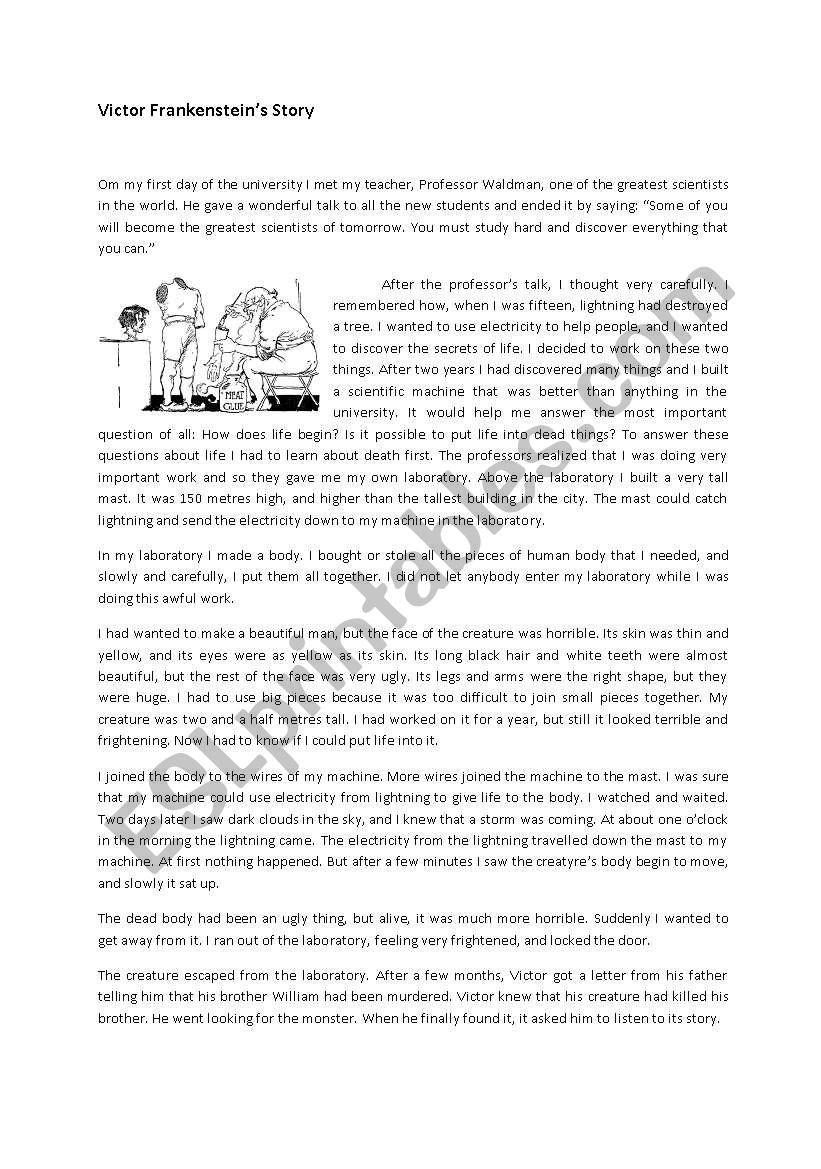 Victor Frankenstein Reading Comprehension ESL Worksheet By Kirstiky