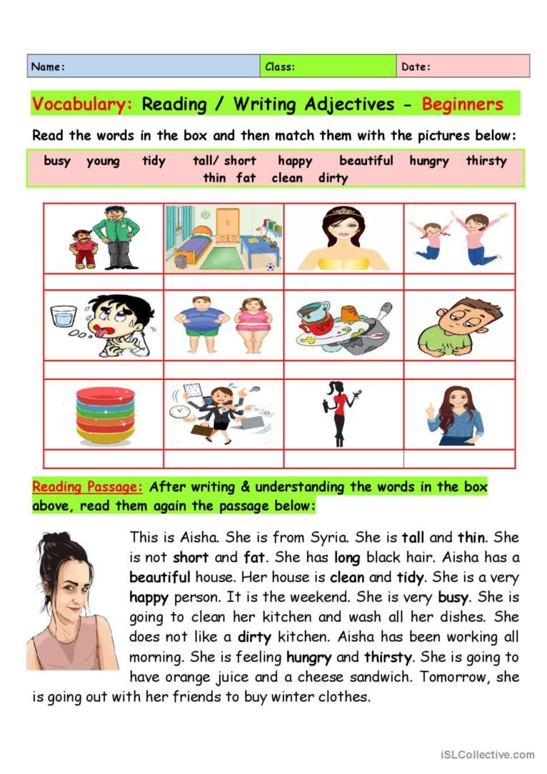 Vocabulary Reading Writing Adje English ESL Worksheets Pdf Doc