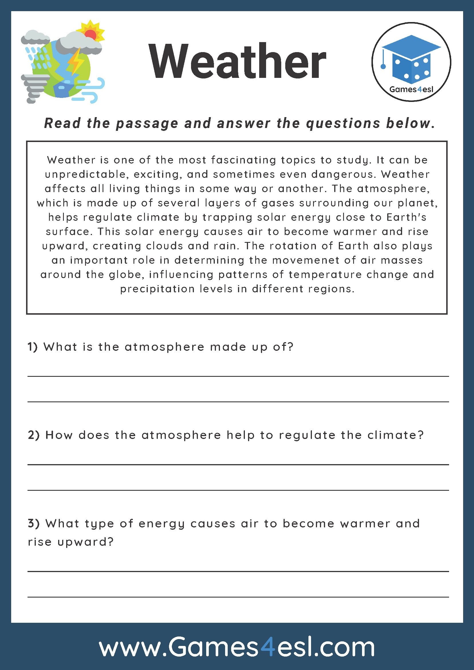 Weather Reading Comprehension Worksheet Games4esl