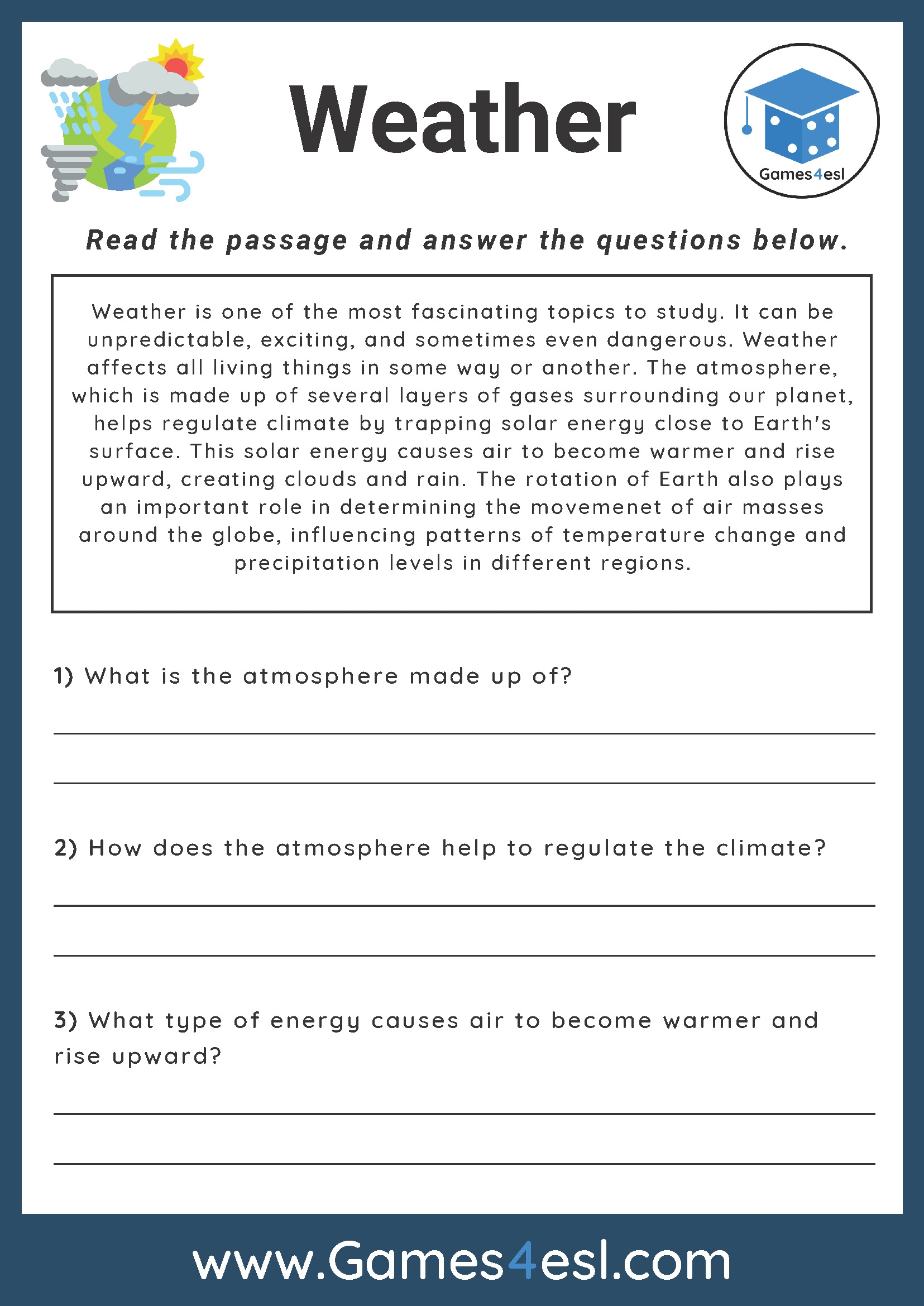 Weather Reading Comprehension Worksheet Games4esl