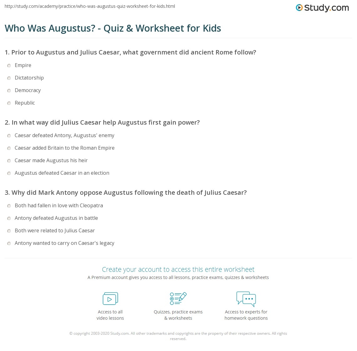 Who Was Augustus Quiz Worksheet For Kids Study