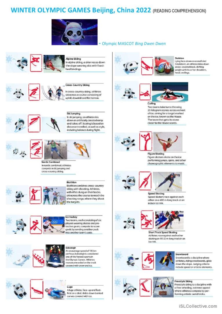 WINTER OLYMPIC GAMES Beijing 2022 English ESL Worksheets Pdf Doc