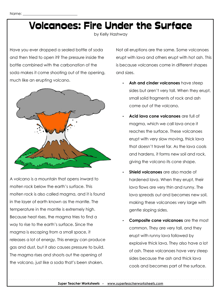 Free Volcano Reading Comprehension Worksheets